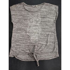 Cato Tie Front Heathered Grey Blouse with Studded Embellished Owl